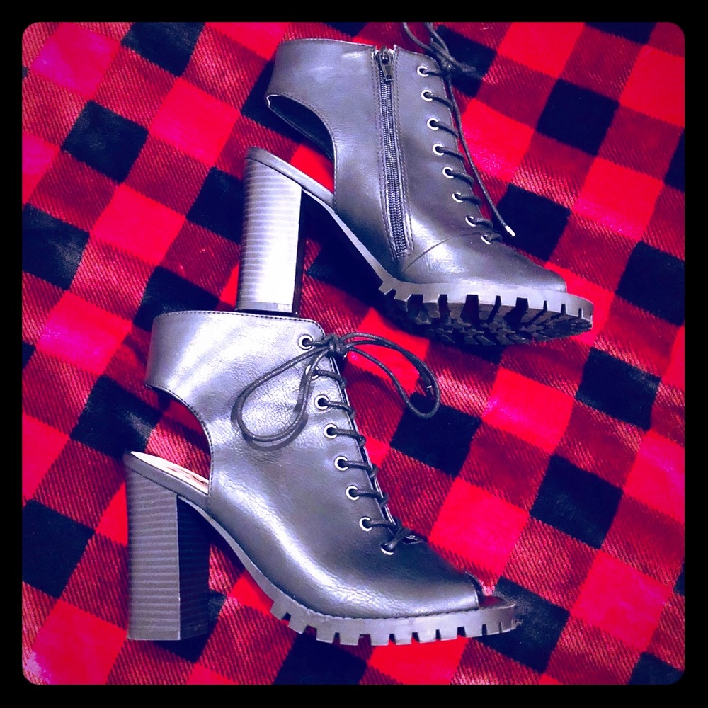 Mix No. 6 black sandal booties with stacked heels